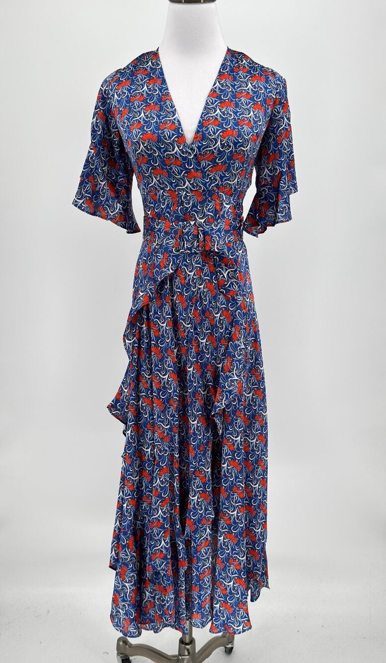 Alexis Alleria Vibrant Blue Orange Floral Asymmetrical Ruffle Midi Dress Sz XS
